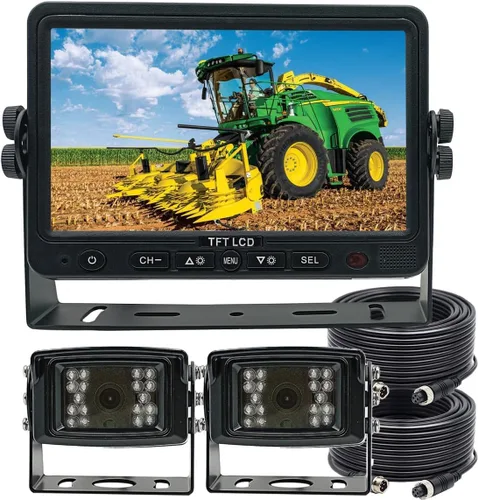 AHD 1080P - Sistema de cámara de respaldo con monitor con cable, monitor de 7 pulgadas con 2 cámaras para tractor agrícola, camión, RV, carretilla