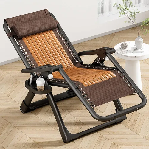 Miniatura 3 de Zero Gravity - Silla reclinable plegable ajustable de bambú con almohada y soporte para tazas, patio, césped, reclinable, para exteriores, piscina