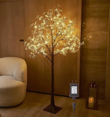 Hairui Árbol de Flores Artificiales de Gypsophila con Luces 5 Pies 126 LED, Árbol de Ramas de Gypsophila Preiliminado para Decoración de Bodas,