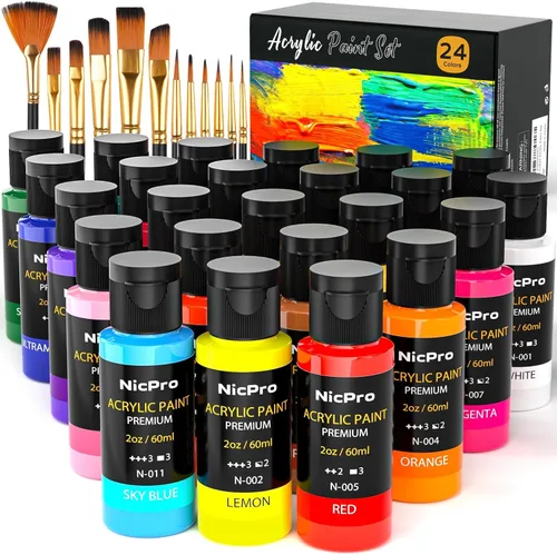 Nicpro Juego de pintura acrílica, 24 colores con 12 pinceles y paleta, kit de suministros de arte no tóxicos para pintar tela, lienzo, arcilla,