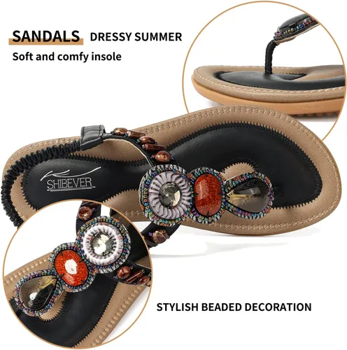 Miniatura 3 de SHIBEVER - Sandalias planas de verano para mujer, cómodas, informales, de playa, estilo bohemio, con cuentas
