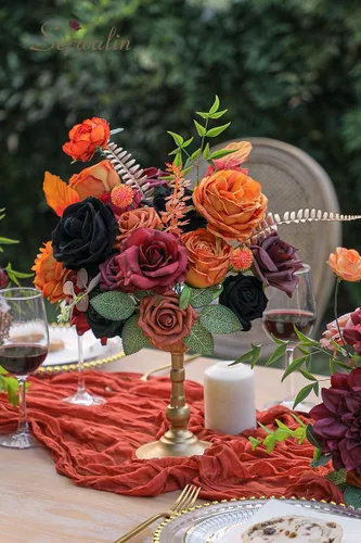 Miniatura 4 de Serwalin - Flores artificiales negras y naranjas de otoño, flores de Halloween, flores de boda negras para ramos de boda DIY, centros de mesa