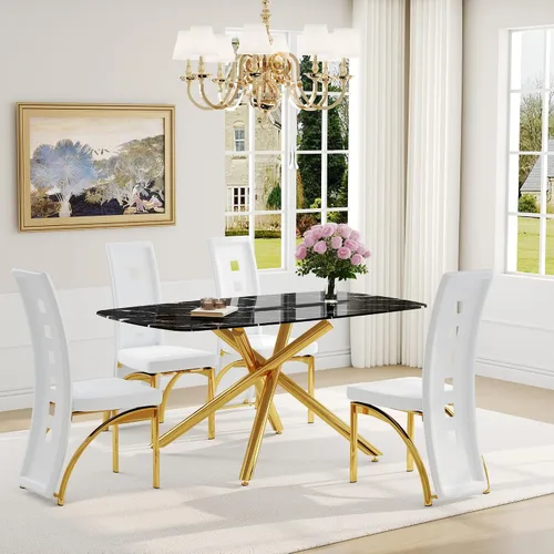 Miniatura 46 de Juego de mesa de comedor moderna para mesa de comedor negra de 4,63 pulgadas, juego de 4 con patas de metal dorado, mesa de cocina rectangular