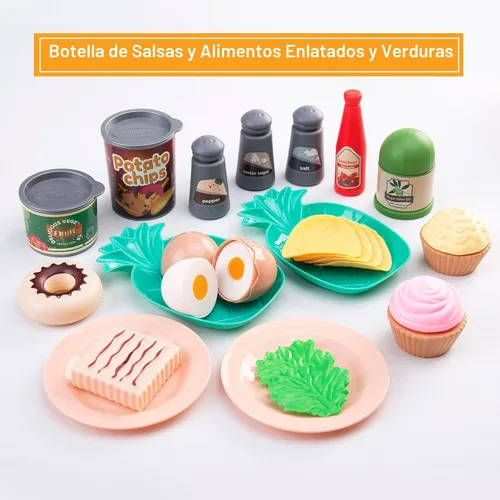 Miniatura 6 de 80 piezas de juego de cocina de simulación para niños pequeños, juego de utensilios de cocina con ollas/sartenes/comida/frutas/verduras/manta de Rosa