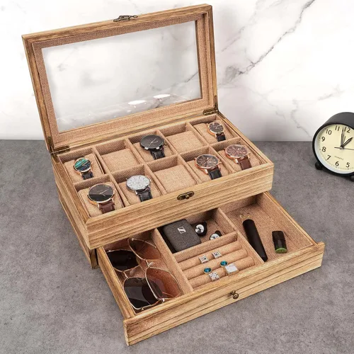 Miniatura 2 de Emfogo Caja de reloj funda de reloj con 10 ranuras para hombres y mujeres soporte de reloj de madera para hombres regalo para novio día del padre