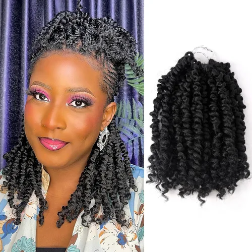 Miniatura 31 de Cabello Passion Twist – 8 pulgadas Passion Twist Crochet Hair para mujer, 8 paquetes de cabello rizado pretrenzado Passion Twists extensiones de 1b