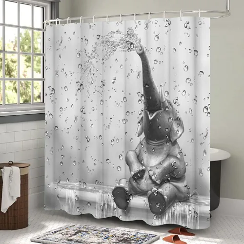 Miniatura 4 de Cortina de ducha de elefante africano, divertida cortina de baño con diseño de elefante, lindo animal salvaje sobre fondo de gota de lluvia, juego