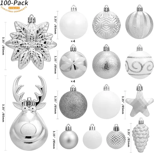 Miniatura 2 de Paquete de 100 adornos de bola de Navidad, bolas de Navidad de plástico plateado y blanco, inastillables, decoración de árbol de Navidad