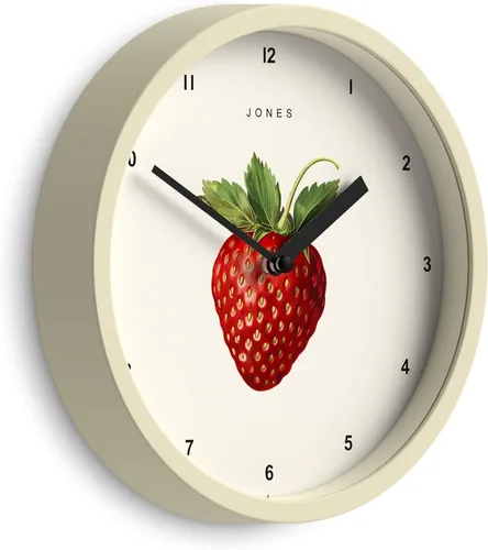 JONES CLOCKS® Reloj de pared de frutas | Reloj redondo pequeño | 8 pulgadas | Crema | Arte botánico ilustrado de fresa | Ideal para cocina y comedor.