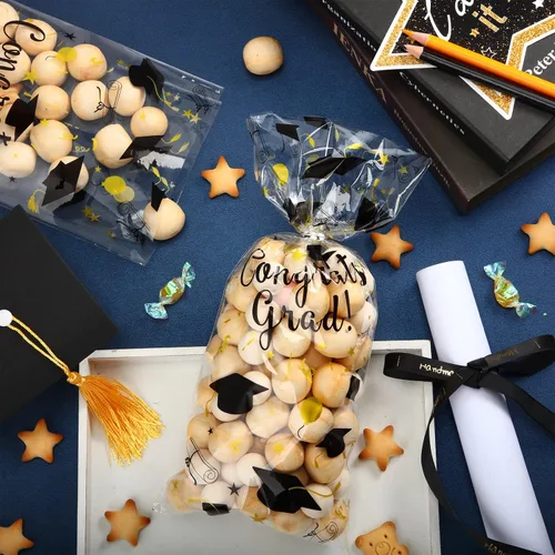 Miniatura 4 de Blulu 100 bolsas de celofán de graduación, felicitaciones para graduados, bolsas de regalo de plástico con 100 lazos giratorios plateados para Negro
