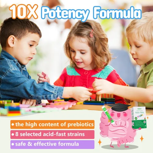 Miniatura 7 de Probióticos y prebióticos para niños en polvo a partir de 3 años, apoyo al sistema digestivo e inmunológico para niños con fuente natural, promueve