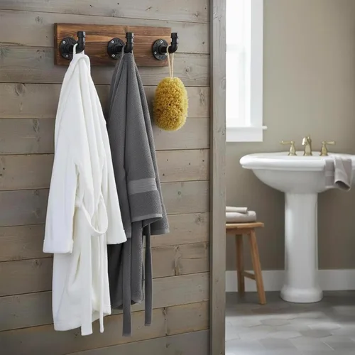 Miniatura 5 de MyGift Perchero de pared de madera quemada y perchero para sombreros con diseño de accesorio de tubería de 3 ganchos