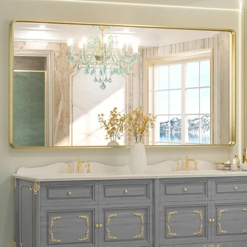 Miniatura 62 de TETOTE Espejo de marco dorado cepillado de 16 x 24 pulgadas, espejo de tocador de baño de latón dorado para pared, espejo enmarcado rectangular