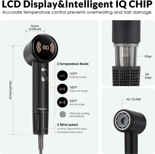 Miniatura 4 de Chignon Secador de pelo con difusor, secador de pelo iónico de viaje con motor de alta velocidad de 160,000 RPM para secado rápido, secador de pelo