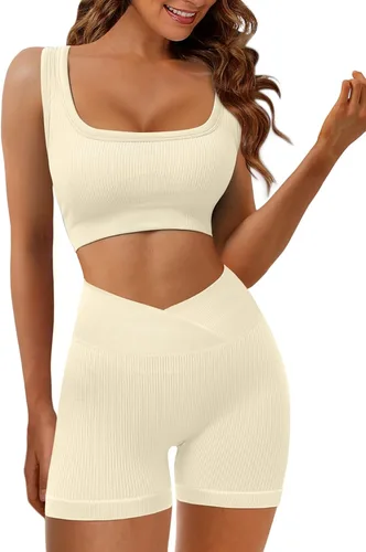 Miniatura 3 de JZC Conjuntos de entrenamiento para mujer, 2 piezas, acanalados, sin costuras, pantalones cortos de cintura alta, trajes de yoga