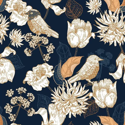 Papel tapiz vintage azul oscuro dorado floral de pájaro de jardín, despegar y pegar, papel tapiz para pared de dormitorio, papel adhesivo verde