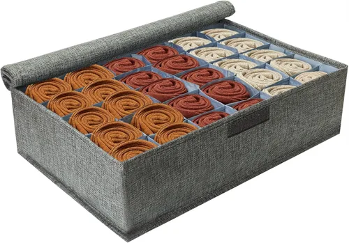PINGMIC Organizador Divisor de Calcetines Gris 1 Paquete con Tapa - Almacenamiento Plegable para Closet de 30 Celdas, Organizador de Corbatas para