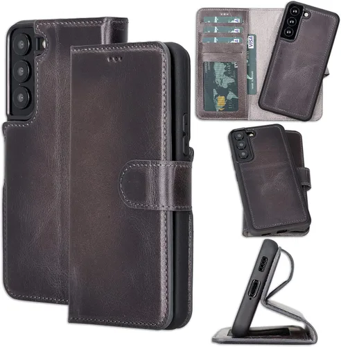 Bayelon Funda compatible con Galaxy S22, cartera de cuero de grano completo para teléfono, funda desmontable con soporte, funda magnética abatible