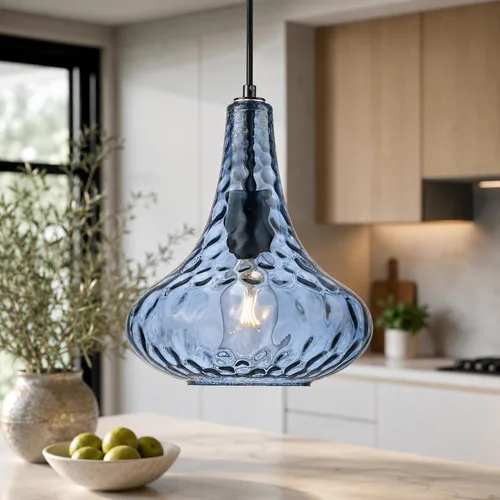 AUTELO Luces Colgantes Azules para Isla de Cocina, Luces Colgantes de Vidrio Martelado de 25.4 cm, Modernas Luminarias Colgantes con Acabado en