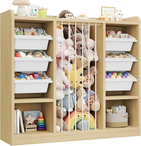 ONBRILL Organizador de almacenamiento de juguetes con 6 contenedores de plástico extraíbles, almacenamiento de animales de peluche para niños