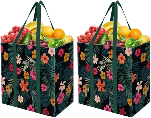Miniatura 27 de BALEINE 2 PK Grocery Bags Reusable Shopping Bags with Reinforced Bottom, Heavy Duty Foldable Tote Bags (Antique Folidage)
