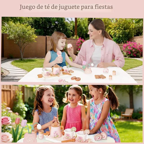 Miniatura 5 de Juego de té de madera para niñas pequeñas, juguete de juego de té con 27 piezas de accesorios de cocina de simulación, juguete de té de princesa