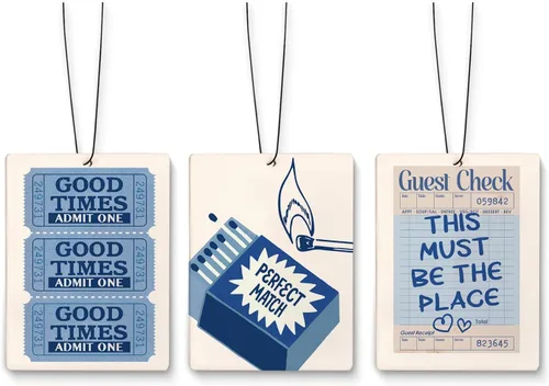 Ambientador retro azul preppy para automóvil, moderno Good Times Ticket Matchbox Guest Check Ambientador colgante 3 piezas para coches, armario,