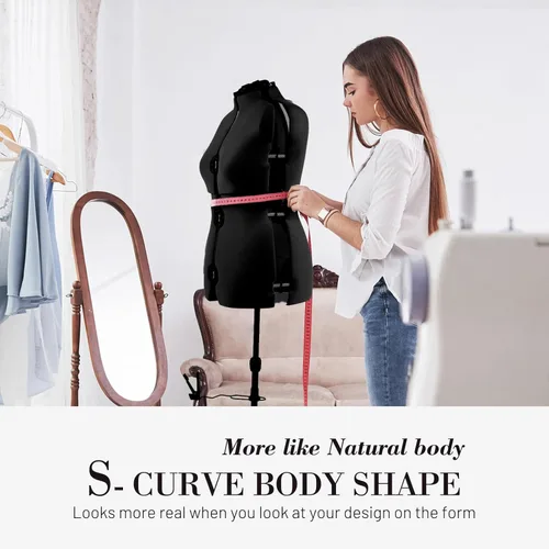 Miniatura 4 de formas de vestido para costura, maniquí femenino negro ajustable talla 12-18, cuerpo de modelo con capacidad de engrapado con 13 diales y guía