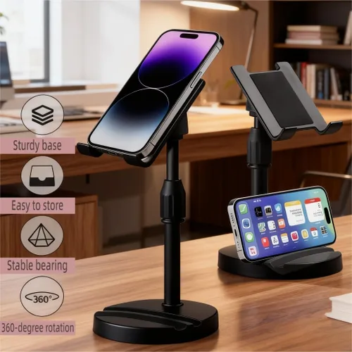 Miniatura 8 de Soporte de altura ajustable para teléfono y tableta, soporte doble para dispositivos con rotación de 360°, base antideslizante resistente