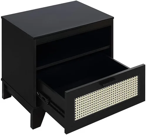 Miniatura 5 de Manhattan Comfort Sheridan Mesita de noche de caña con cajón de extensión completa y estante abierto, mesa auxiliar moderna de mediados de siglo