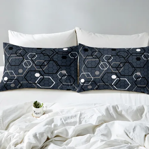 Miniatura 4 de Manfei Sábana bajera hexagonal tamaño individual, juego de ropa de cama de panal azul marino de 2 piezas para decoración de habitación de niños