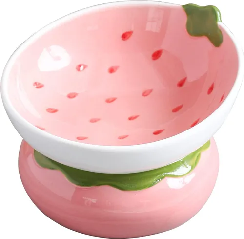 Cuenco elevado de cerámica para gatos, cuenco elevado rosa para gatos de interior, antivómitos y protección de la columna vertebral, bonito plato