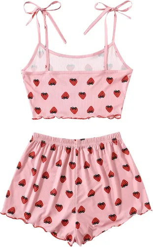 Miniatura 2 de SweatyRocks - Conjunto de pijama de verano con pantalones cortos, con estampado de fresas, para mujer