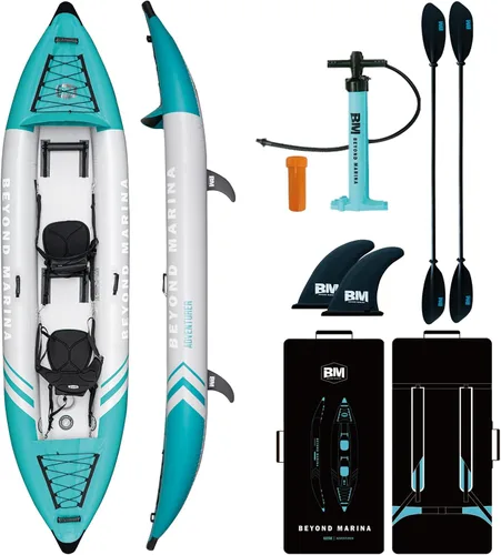 Inflatable Kayak 2 Person Adult - BEYOND MARINA Tandem Kayak with Drop Stitch Floor, Touring Kayak with Aluminum Paddles, Seats, Footrests, Pump,