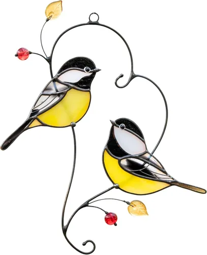 Miniatura 10 de Atrapasoles de Vidrio Emplomado Hechos a Mano de Carbonero Gift Birds, Vidrio Emplomado Genuino para Ventana Colgante, Ornamento Único