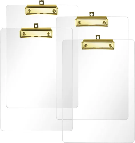 Miniatura 10 de Moocci Portapapeles transparentes de acrílico grueso, bonito portapapeles transparente con clip dorado fuerte agujero oculto para colgar papel A4