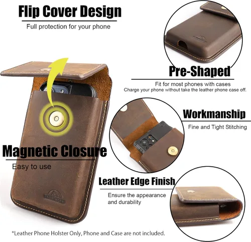 Miniatura 4 de Topstache Funda de cuero grande para cinturón, funda de celular con clip para S23/S22, bolsa de cuero para iPhone 14 Pro/14 marrón oscuro