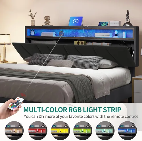 Miniatura 4 de YITAHOME Base de cama tapizada tamaño Queen, base de cama LED con cabecero de almacenamiento, cama plataforma con toma de corriente y puertos USB
