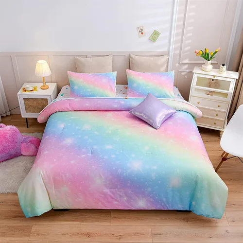 Miniatura 12 de A Nice Night Juego de Edredón para Niñas Tamaño Twin 6 Piezas Cama en una Bolsa Ropa de Cama 3D Colorida Brillante Galaxia Arcoíris