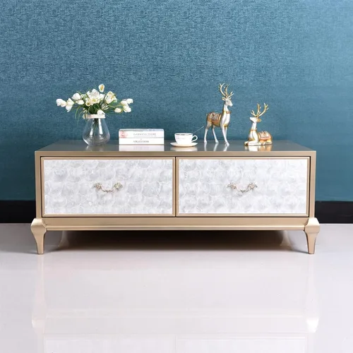 Miniatura 7 de Mesa de té para sala de estar, moderna mesa de café, decoración de conchas, asas delicadas, elegante mesa de café rectangular con mesa de café