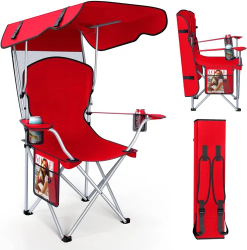 Miniatura 16 de VTOY Silla de camping portátil con dosel, silla plegable con toldo, silla Oxford 600D duradera para camping, playa, picnic, pesca y deportes 1