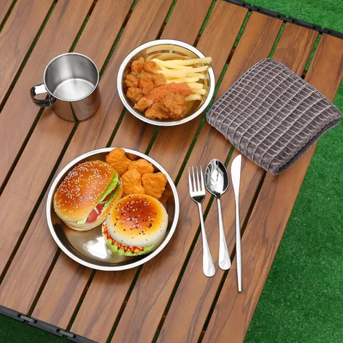 Miniatura 7 de Lallisa Utensilios de cocina para acampar al aire libre, utensilios de cocina de acero inoxidable pulido, utensilios de camping, vajilla portátil