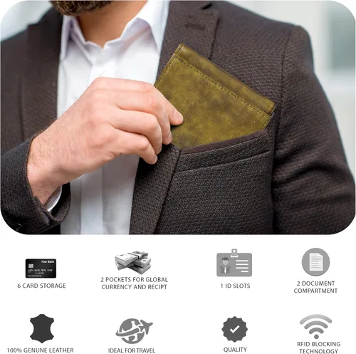Miniatura 7 de Tri fold Leather Wallet for Men with RFID Slim Wallets for Men with 1 ID and 6 Credit card slots Front Pocket Minimalist Gift
