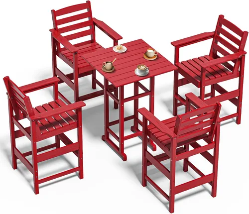 Miniatura 18 de nevilywood Adirondack - Juego de 5 sillas altas de bar, juego de 4 sillas de bar Adirondack con mesa, muebles de patio de polietileno de alta Teca