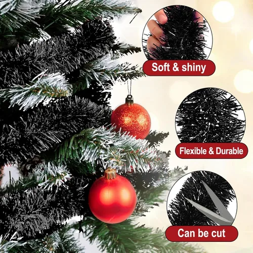 Miniatura 3 de Guirnalda de oropel de Navidad negra de 25 pies, guirnalda de papel de aluminio metálico para colgar en la pared, telón de fondo para flotadores