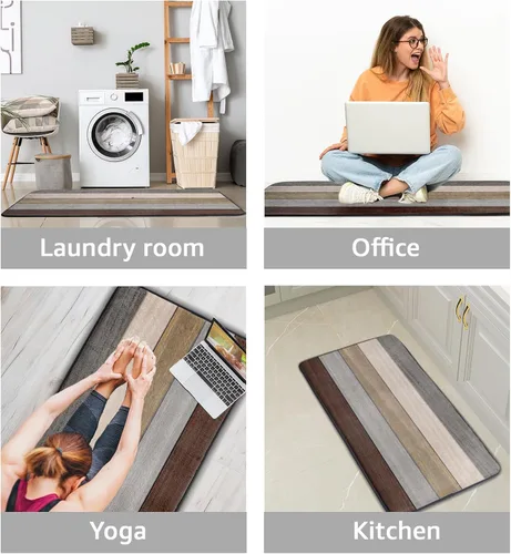 Miniatura 5 de Tapete de cocina con estampado de tablero de madera para piso, tablones marrones rústicos, acolchado, antifatiga, lavable, tapete de espuma