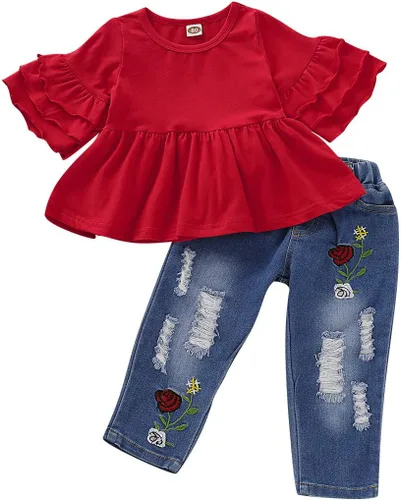 NZRVAWS Ropa para bebé niña pequeña, conjunto de pantalones de mezclilla rasgados con volantes florales de leopardo para niña 0-4T