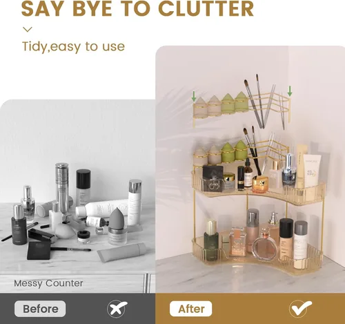 Miniatura 2 de NATURE'S SOURCE Organizador de maquillaje para tocador, organizador de baño de esquina de 2 niveles con soporte para brochas de maquillaje