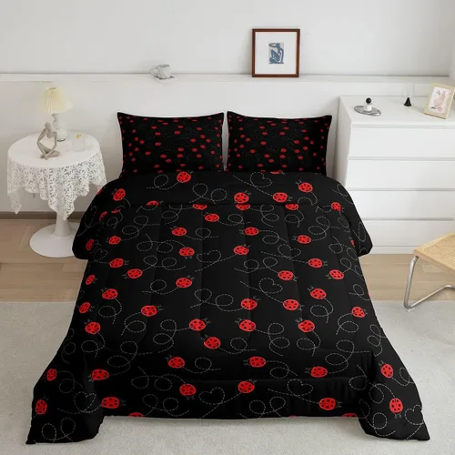 jejeloiu Lindo juego de edredón de mariquita roja de dibujos animados, juego de ropa de cama para niños y niñas, decoración de animales kawaii para