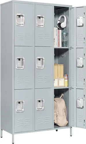 MIIIKO Taquillas metálicas de 3 niveles de 3 anchos, 72 x 36 x 16 pulgadas con 9 compartimentos, armario grande para empleados con estantes, puertas